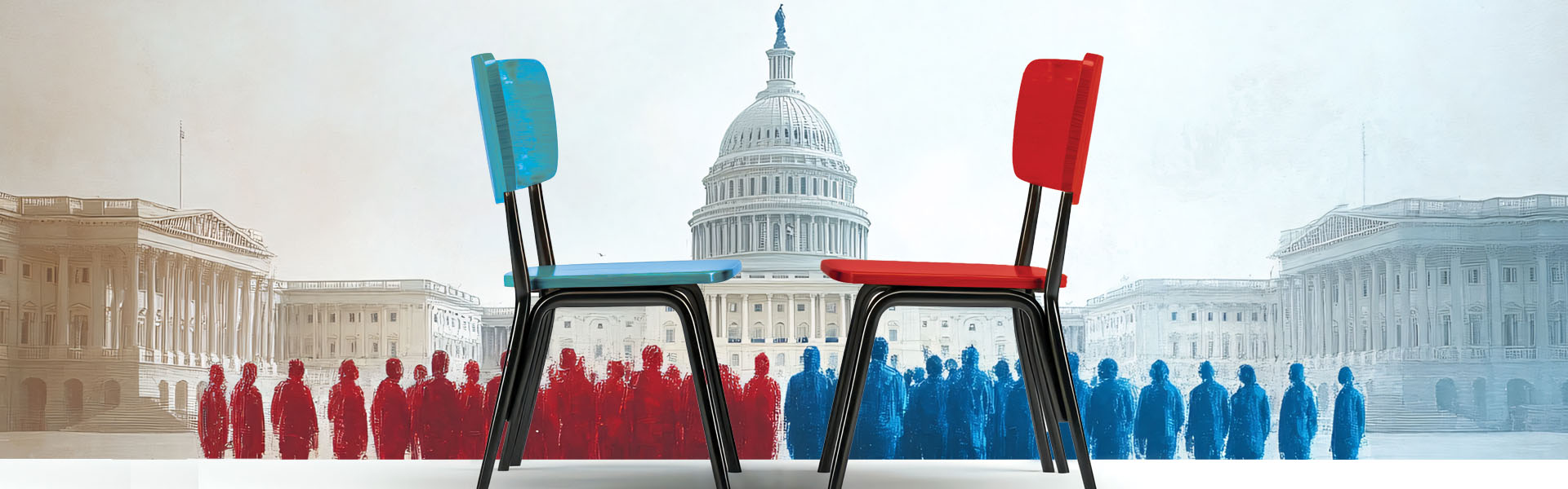 Picture of two red and blue chairs in front of the white house